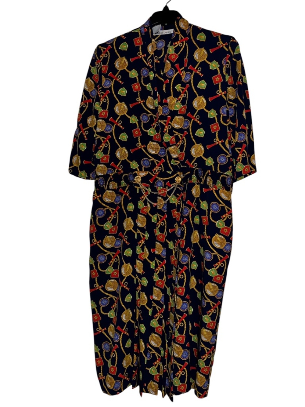 Ms Chaus Women’s Vibrant Multi Nautical Print Dress w/ Goldtone Belt Tie Sz-14